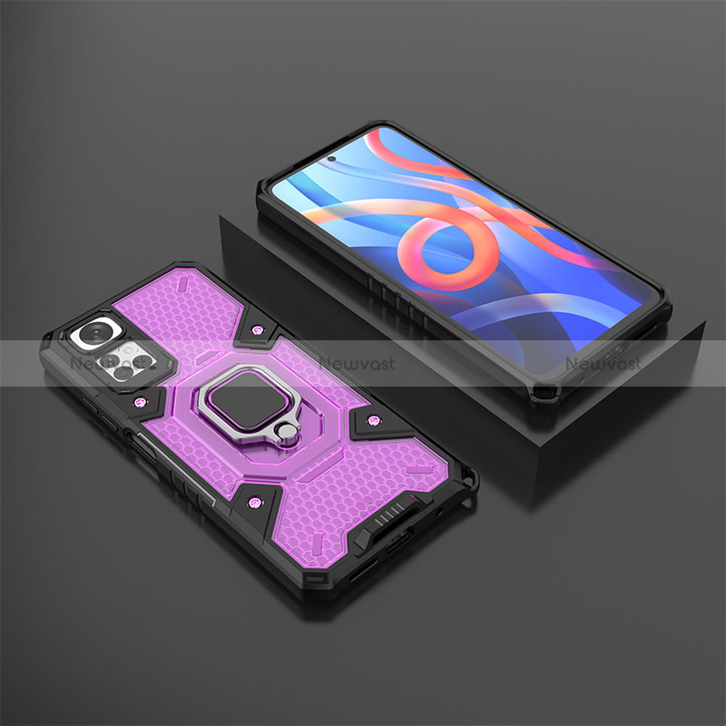 Silicone Matte Finish and Plastic Back Cover Case with Magnetic Finger Ring Stand KC3 for Xiaomi Redmi Note 11 4G (2022)