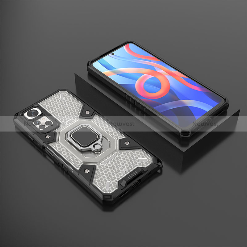 Silicone Matte Finish and Plastic Back Cover Case with Magnetic Finger Ring Stand KC3 for Xiaomi Redmi Note 11 4G (2022)