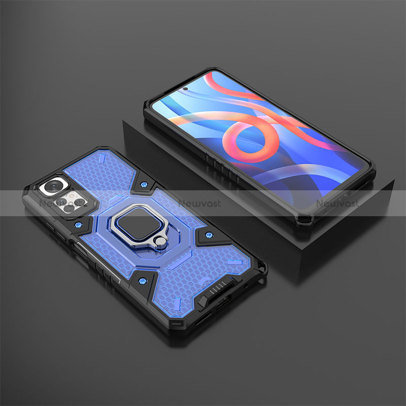 Silicone Matte Finish and Plastic Back Cover Case with Magnetic Finger Ring Stand KC3 for Xiaomi Redmi Note 11 4G (2022)