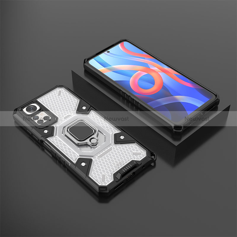 Silicone Matte Finish and Plastic Back Cover Case with Magnetic Finger Ring Stand KC3 for Xiaomi Redmi Note 11 4G (2022)