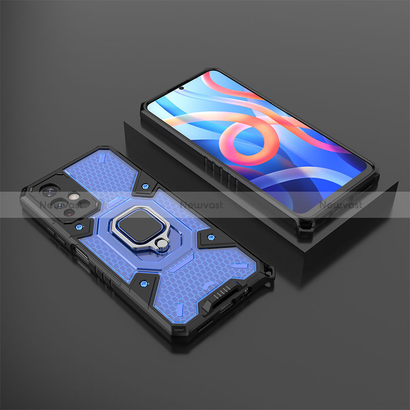 Silicone Matte Finish and Plastic Back Cover Case with Magnetic Finger Ring Stand KC3 for Xiaomi Redmi Note 11 5G Blue