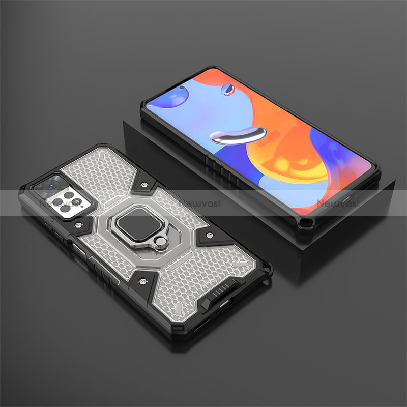 Silicone Matte Finish and Plastic Back Cover Case with Magnetic Finger Ring Stand KC3 for Xiaomi Redmi Note 11 Pro 4G Black