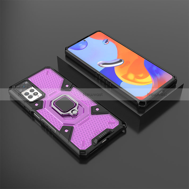 Silicone Matte Finish and Plastic Back Cover Case with Magnetic Finger Ring Stand KC3 for Xiaomi Redmi Note 11 Pro 4G Purple