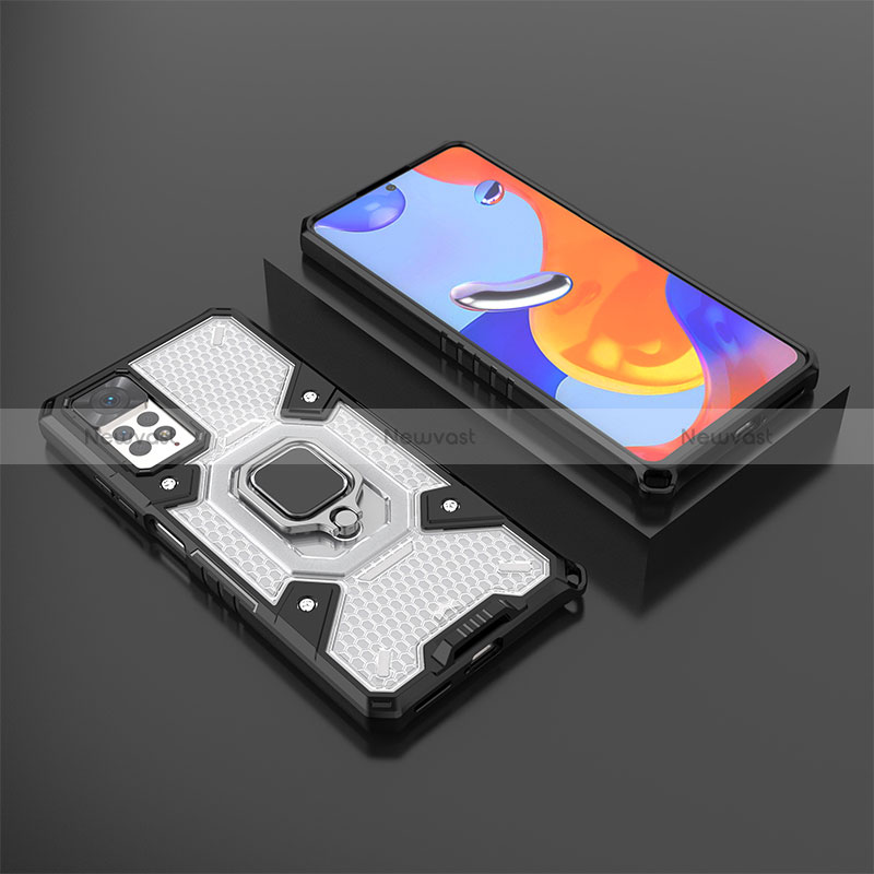 Silicone Matte Finish and Plastic Back Cover Case with Magnetic Finger Ring Stand KC3 for Xiaomi Redmi Note 11 Pro 4G White