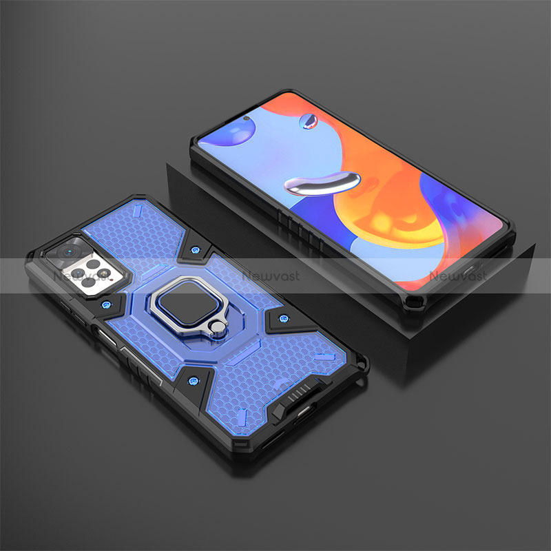 Silicone Matte Finish and Plastic Back Cover Case with Magnetic Finger Ring Stand KC3 for Xiaomi Redmi Note 11 Pro 5G Blue