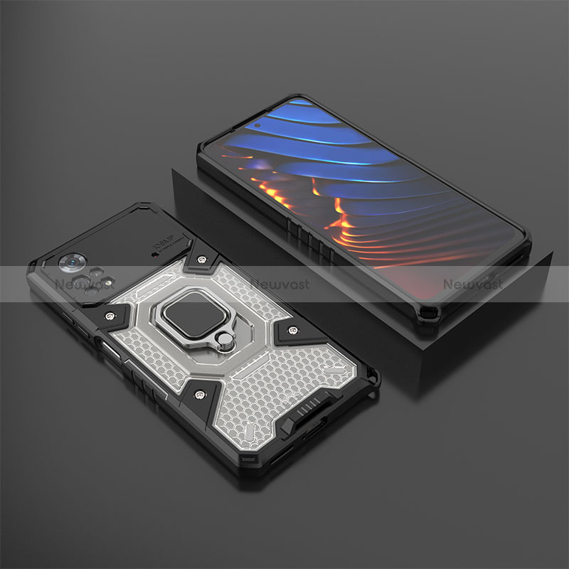 Silicone Matte Finish and Plastic Back Cover Case with Magnetic Finger Ring Stand KC3 for Xiaomi Redmi Note 11E Pro 5G