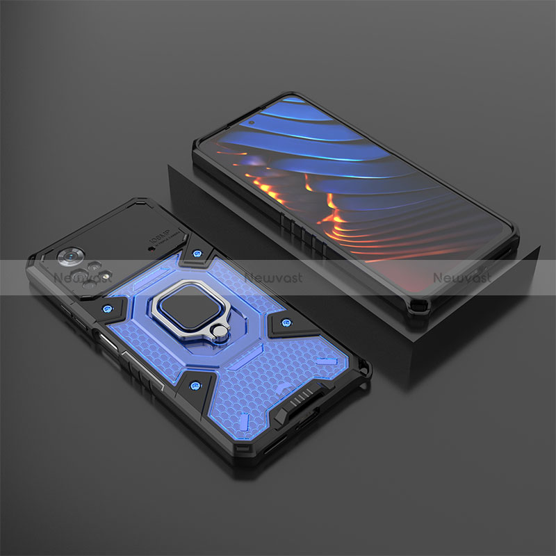 Silicone Matte Finish and Plastic Back Cover Case with Magnetic Finger Ring Stand KC3 for Xiaomi Redmi Note 11E Pro 5G Blue