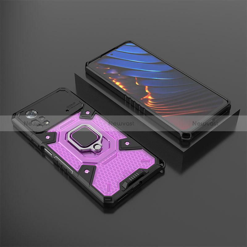 Silicone Matte Finish and Plastic Back Cover Case with Magnetic Finger Ring Stand KC3 for Xiaomi Redmi Note 11E Pro 5G Purple