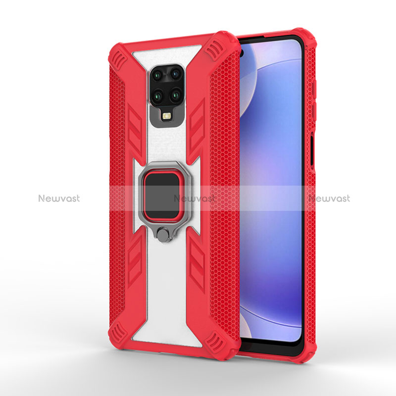 Silicone Matte Finish and Plastic Back Cover Case with Magnetic Finger Ring Stand KC3 for Xiaomi Redmi Note 9S Red