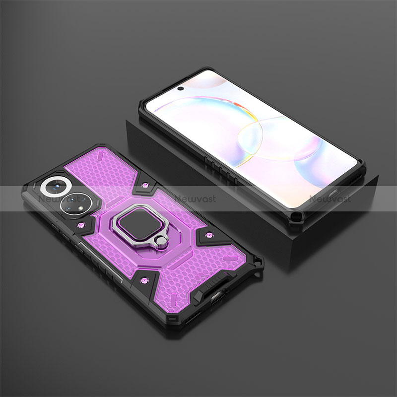 Silicone Matte Finish and Plastic Back Cover Case with Magnetic Finger Ring Stand KC4 for Huawei Honor 50 5G Purple