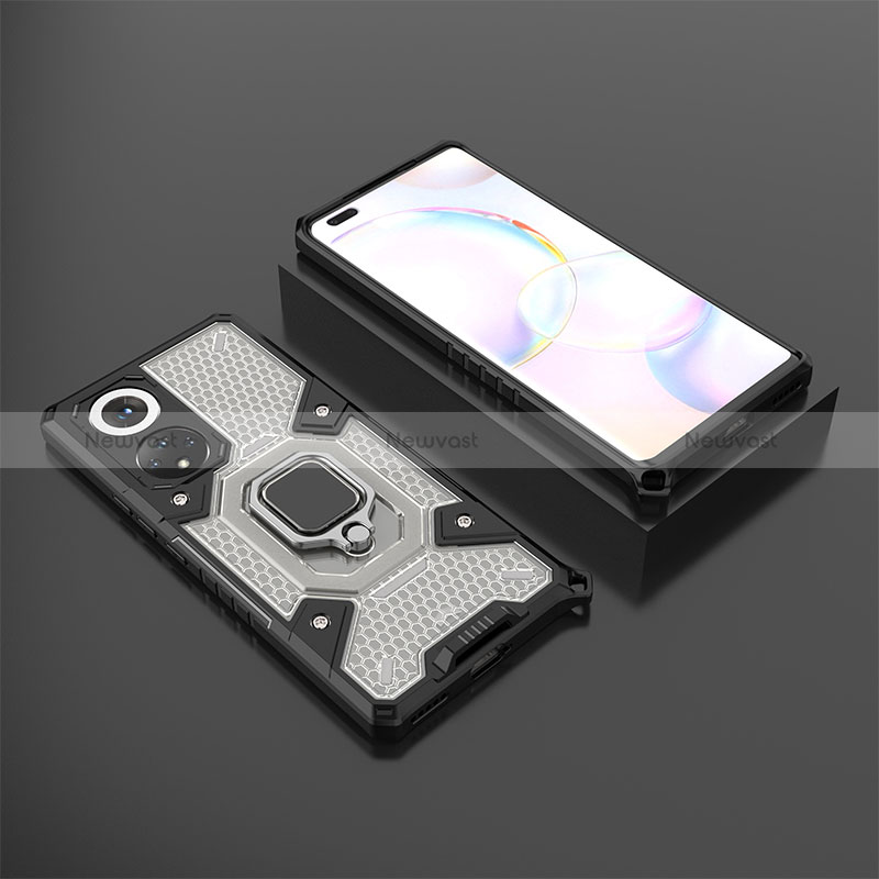 Silicone Matte Finish and Plastic Back Cover Case with Magnetic Finger Ring Stand KC4 for Huawei Honor 50 Pro 5G