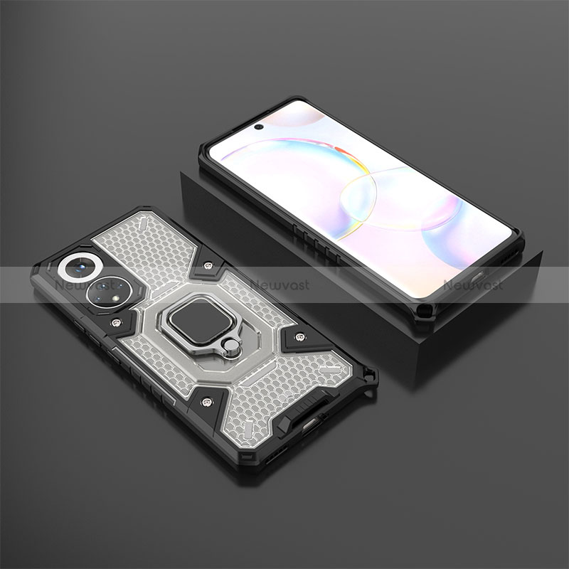 Silicone Matte Finish and Plastic Back Cover Case with Magnetic Finger Ring Stand KC4 for Huawei Nova 9 Black