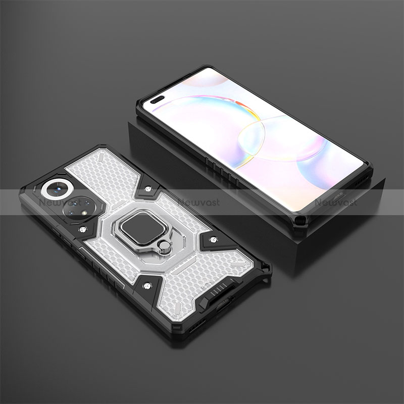 Silicone Matte Finish and Plastic Back Cover Case with Magnetic Finger Ring Stand KC4 for Huawei Nova 9 Pro