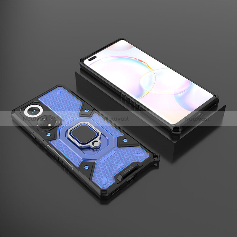 Silicone Matte Finish and Plastic Back Cover Case with Magnetic Finger Ring Stand KC4 for Huawei Nova 9 Pro Blue