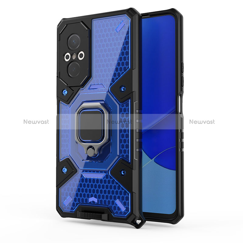 Silicone Matte Finish and Plastic Back Cover Case with Magnetic Finger Ring Stand KC4 for Huawei Nova 9 SE Blue