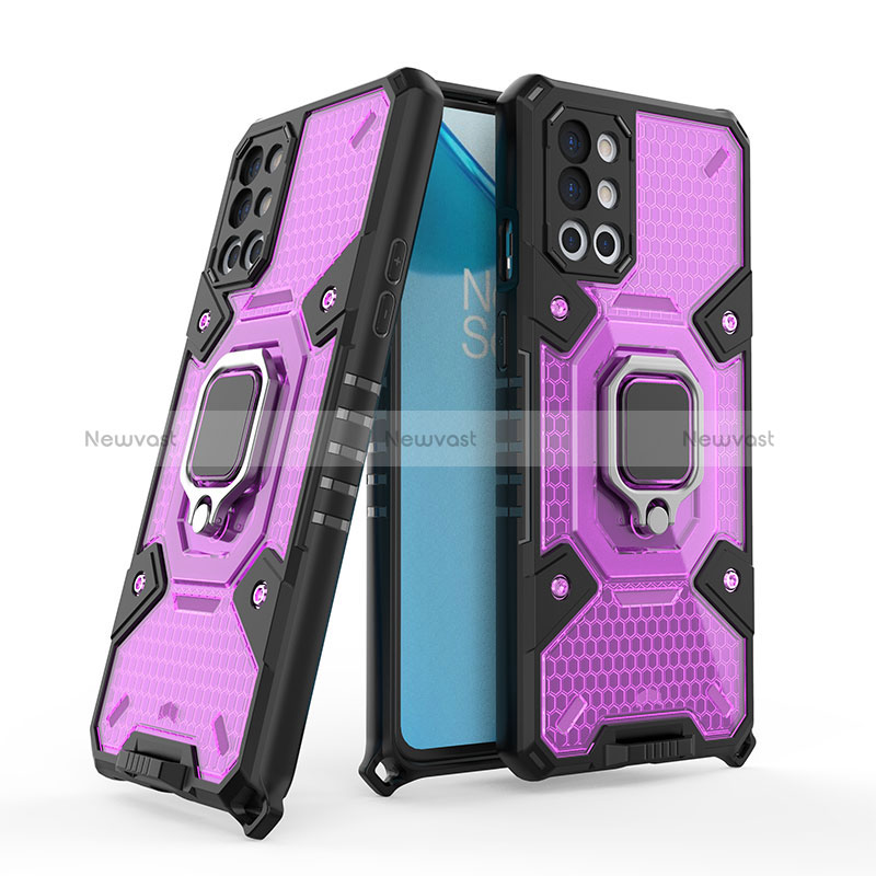 Silicone Matte Finish and Plastic Back Cover Case with Magnetic Finger Ring Stand KC4 for OnePlus 9R 5G Purple