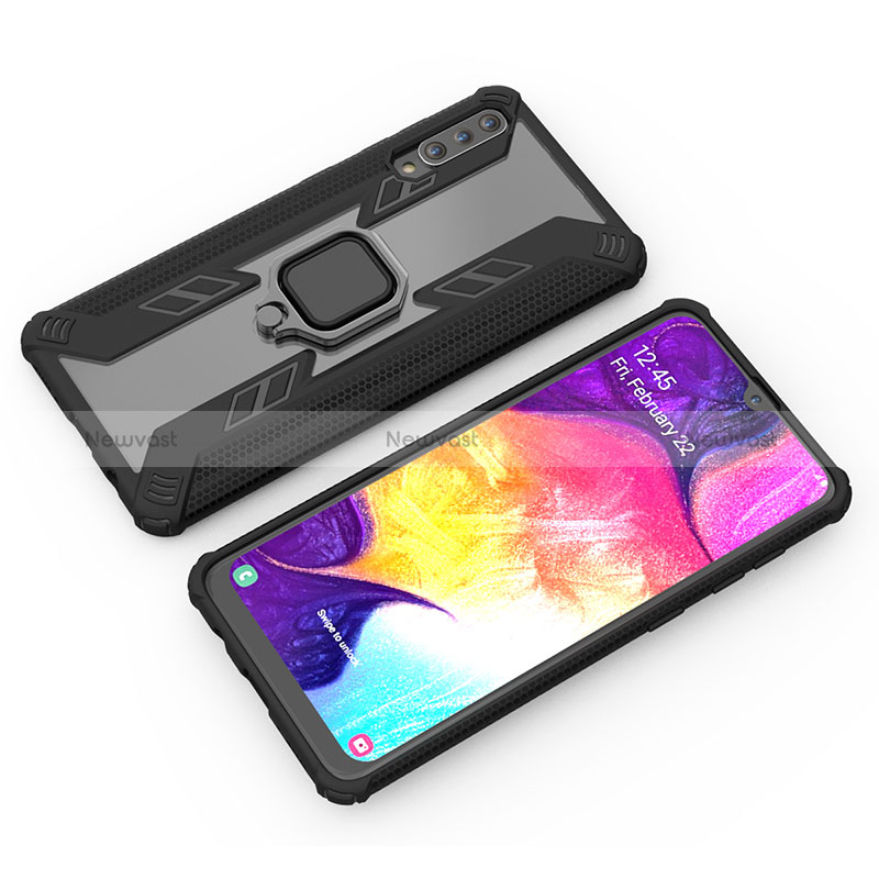 Silicone Matte Finish and Plastic Back Cover Case with Magnetic Finger Ring Stand KC4 for Samsung Galaxy A30S Black