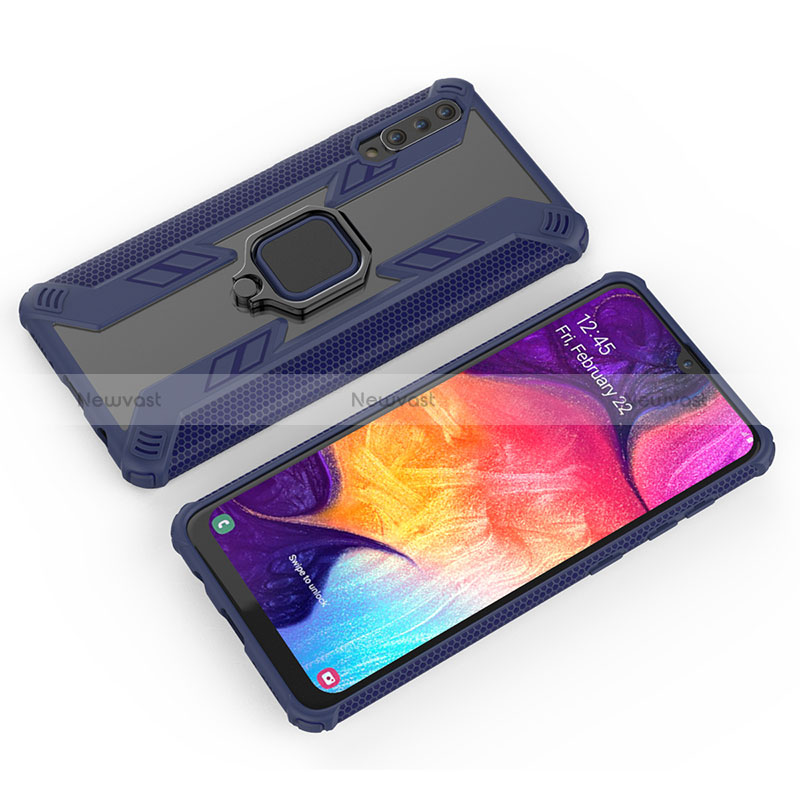 Silicone Matte Finish and Plastic Back Cover Case with Magnetic Finger Ring Stand KC4 for Samsung Galaxy A50 Blue