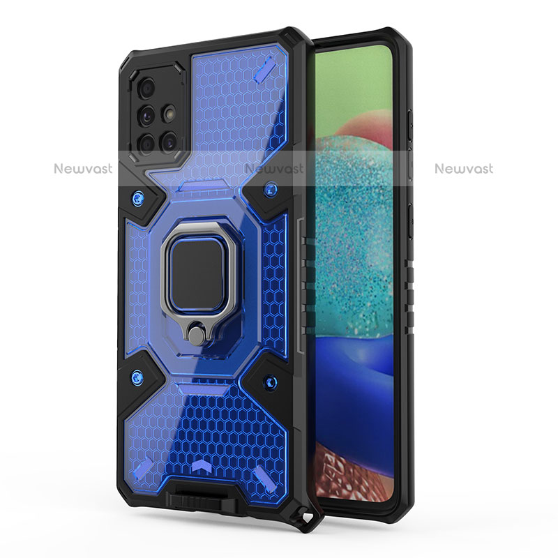 Silicone Matte Finish and Plastic Back Cover Case with Magnetic Finger Ring Stand KC4 for Samsung Galaxy A71 4G A715 Blue