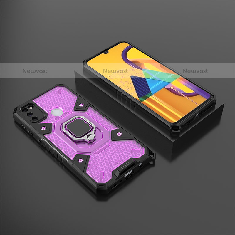 Silicone Matte Finish and Plastic Back Cover Case with Magnetic Finger Ring Stand KC4 for Samsung Galaxy M21