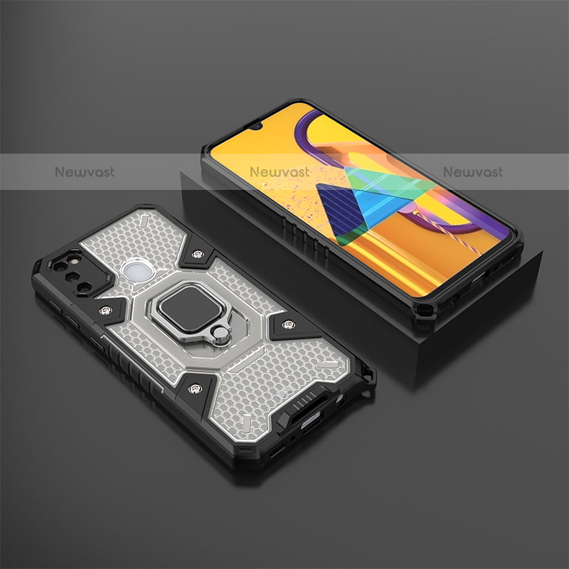 Silicone Matte Finish and Plastic Back Cover Case with Magnetic Finger Ring Stand KC4 for Samsung Galaxy M21