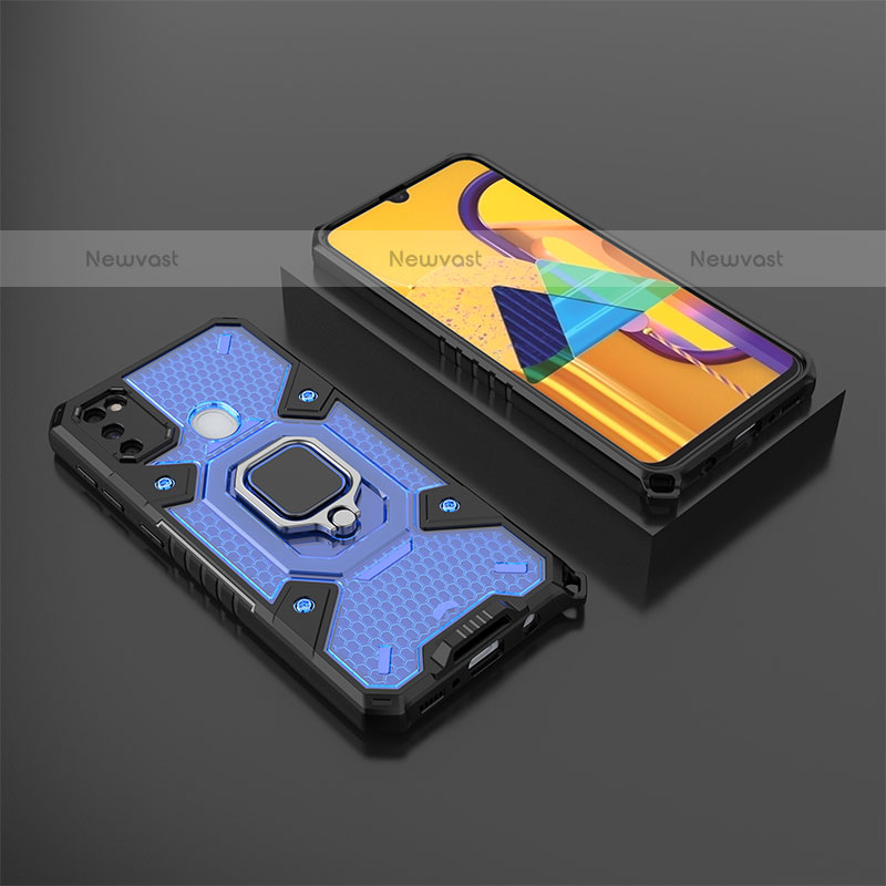 Silicone Matte Finish and Plastic Back Cover Case with Magnetic Finger Ring Stand KC4 for Samsung Galaxy M30s Blue