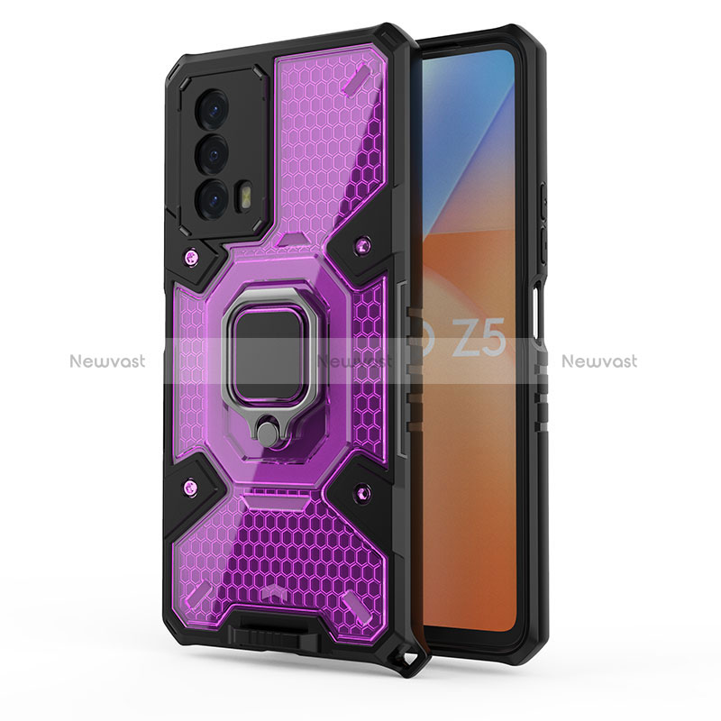 Silicone Matte Finish and Plastic Back Cover Case with Magnetic Finger Ring Stand KC4 for Vivo iQOO Z5 5G Purple