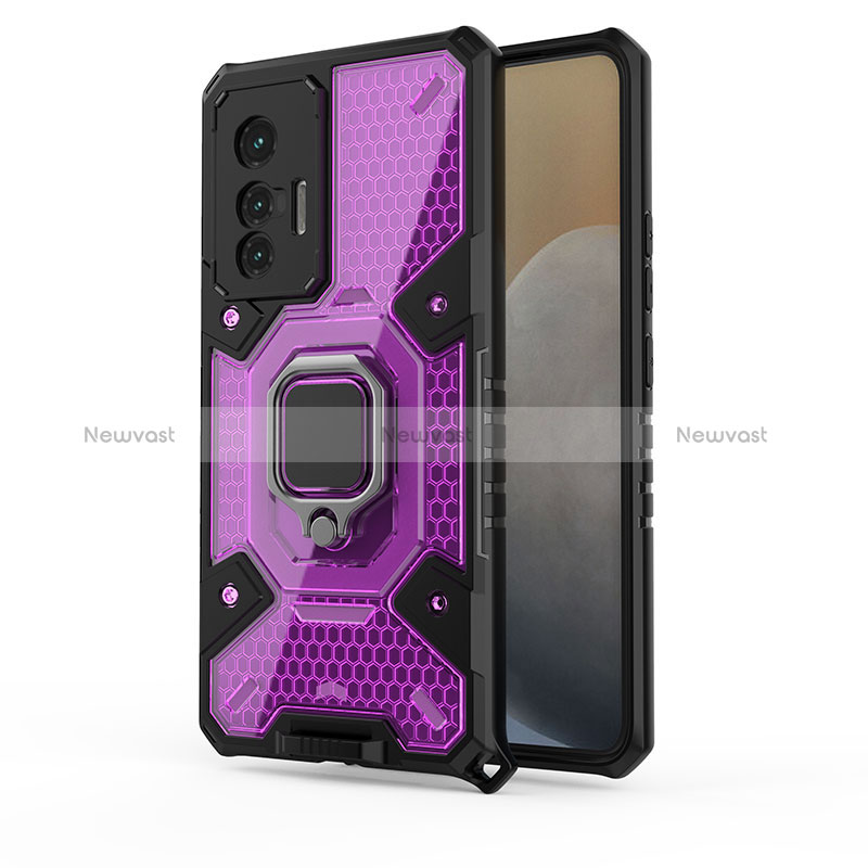 Silicone Matte Finish and Plastic Back Cover Case with Magnetic Finger Ring Stand KC4 for Vivo X70t Purple