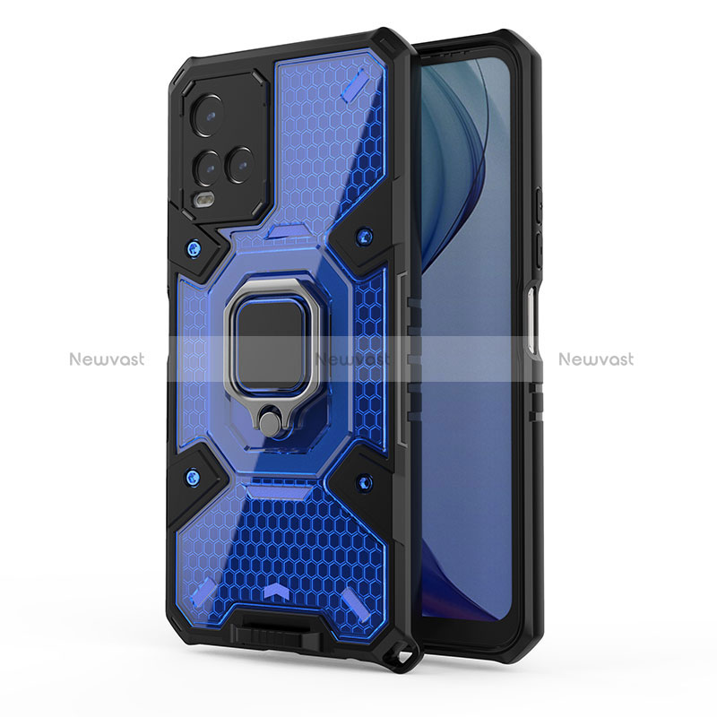 Silicone Matte Finish and Plastic Back Cover Case with Magnetic Finger Ring Stand KC4 for Vivo Y21a Blue