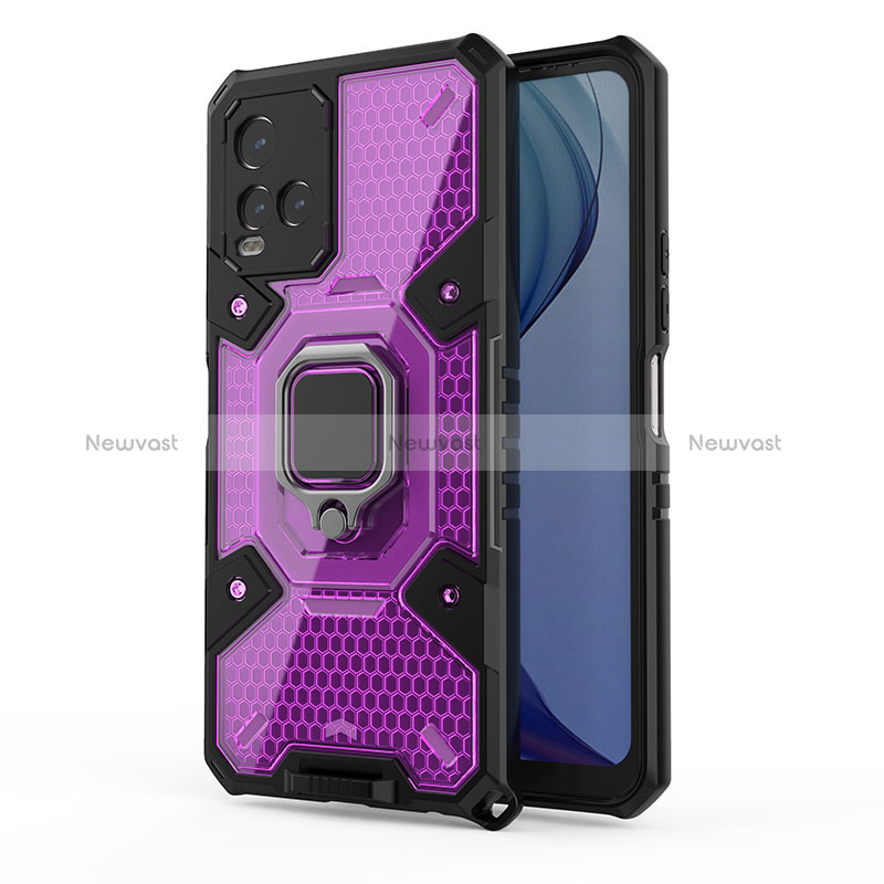 Silicone Matte Finish and Plastic Back Cover Case with Magnetic Finger Ring Stand KC4 for Vivo Y21a Purple