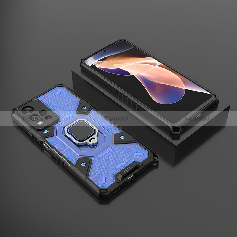 Silicone Matte Finish and Plastic Back Cover Case with Magnetic Finger Ring Stand KC4 for Xiaomi Mi 11i 5G (2022) Blue