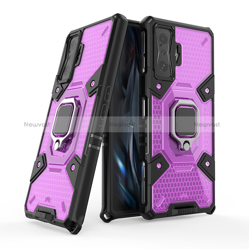 Silicone Matte Finish and Plastic Back Cover Case with Magnetic Finger Ring Stand KC4 for Xiaomi Poco F4 GT 5G Purple