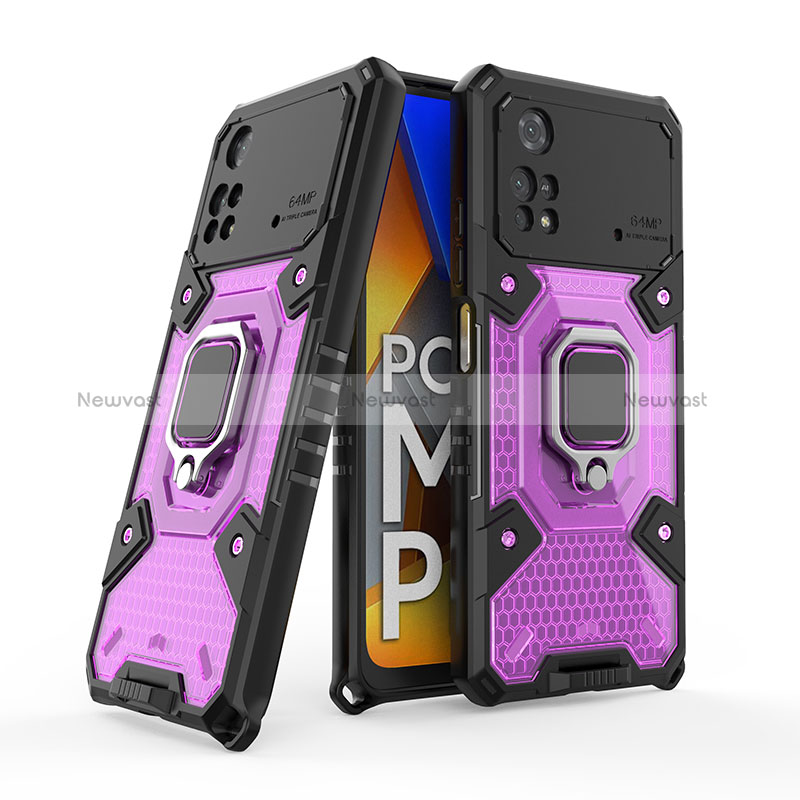 Silicone Matte Finish and Plastic Back Cover Case with Magnetic Finger Ring Stand KC4 for Xiaomi Poco M4 Pro 4G Purple