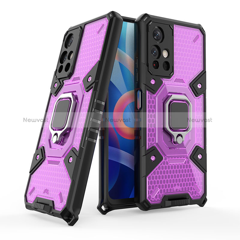 Silicone Matte Finish and Plastic Back Cover Case with Magnetic Finger Ring Stand KC4 for Xiaomi Poco M4 Pro 5G Purple