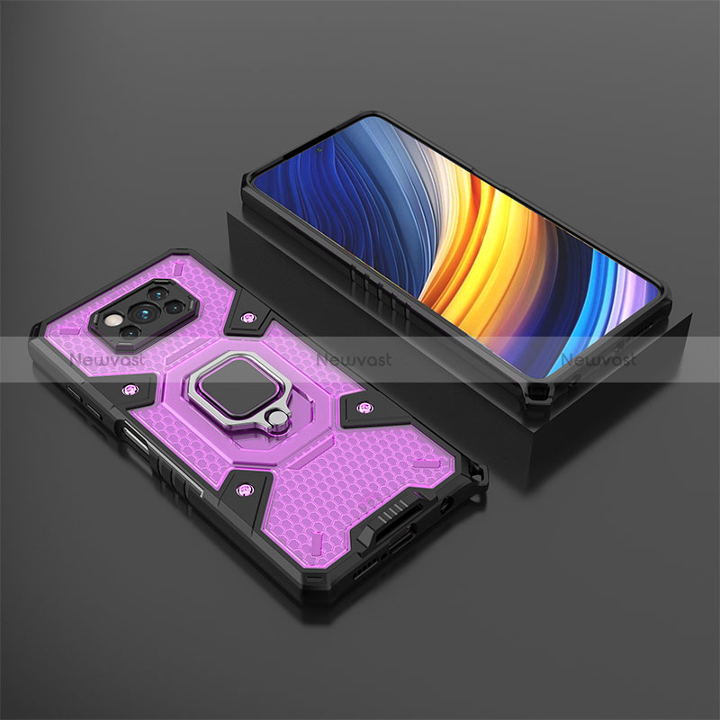 Silicone Matte Finish and Plastic Back Cover Case with Magnetic Finger Ring Stand KC4 for Xiaomi Poco X3 NFC Purple