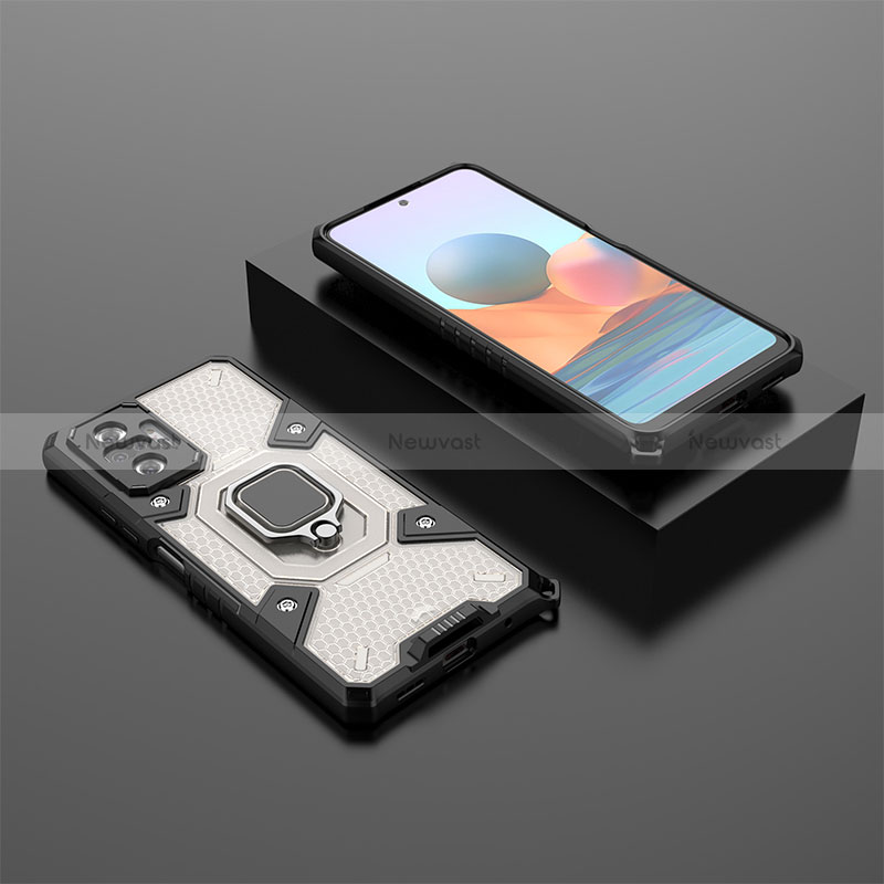 Silicone Matte Finish and Plastic Back Cover Case with Magnetic Finger Ring Stand KC4 for Xiaomi Redmi Note 10 Pro 4G Black