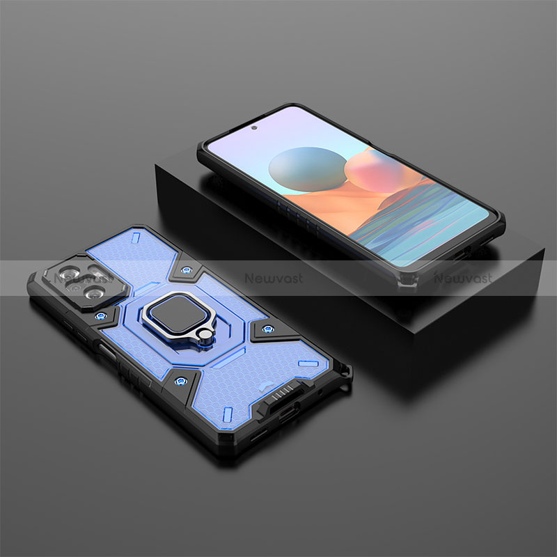 Silicone Matte Finish and Plastic Back Cover Case with Magnetic Finger Ring Stand KC4 for Xiaomi Redmi Note 10 Pro 4G Blue