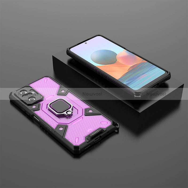 Silicone Matte Finish and Plastic Back Cover Case with Magnetic Finger Ring Stand KC4 for Xiaomi Redmi Note 10 Pro 4G Purple