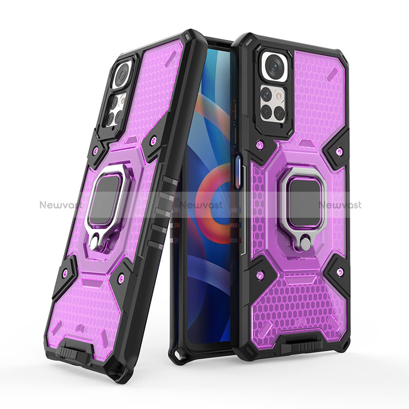 Silicone Matte Finish and Plastic Back Cover Case with Magnetic Finger Ring Stand KC4 for Xiaomi Redmi Note 11 4G (2022) Purple