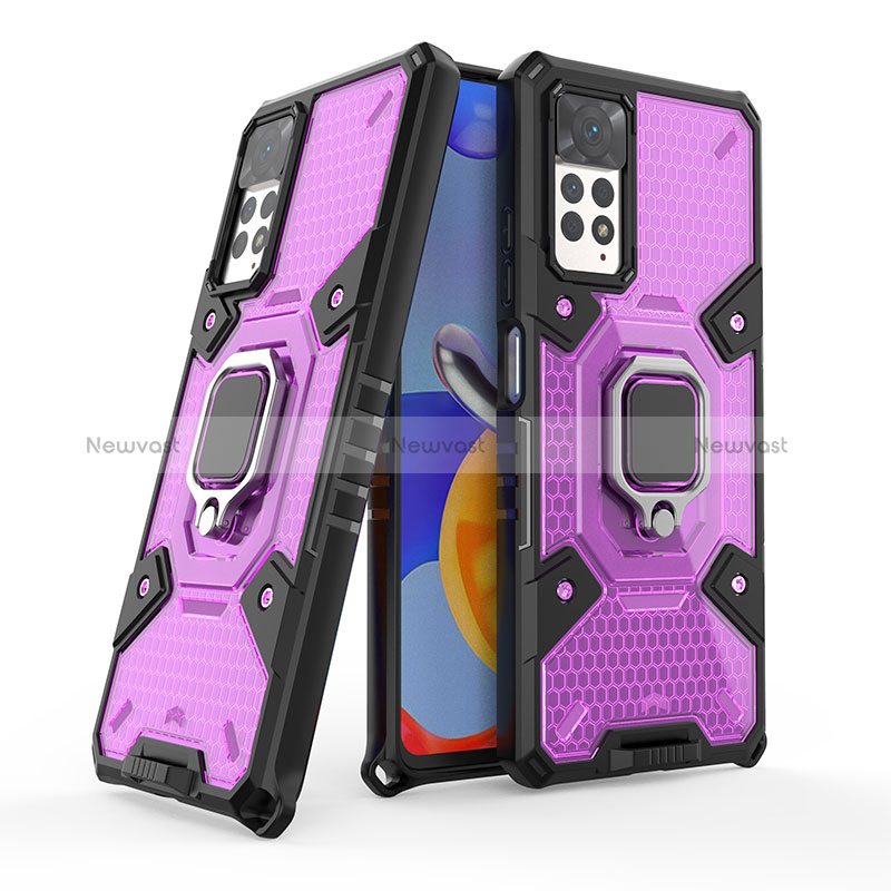 Silicone Matte Finish and Plastic Back Cover Case with Magnetic Finger Ring Stand KC4 for Xiaomi Redmi Note 11 Pro 4G Purple