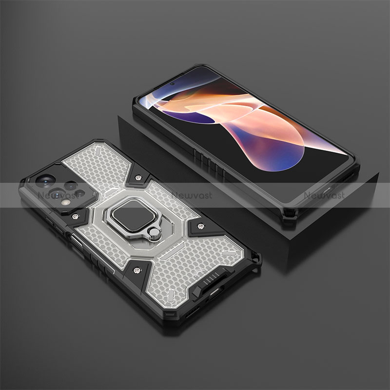 Silicone Matte Finish and Plastic Back Cover Case with Magnetic Finger Ring Stand KC4 for Xiaomi Redmi Note 11 Pro+ Plus 5G