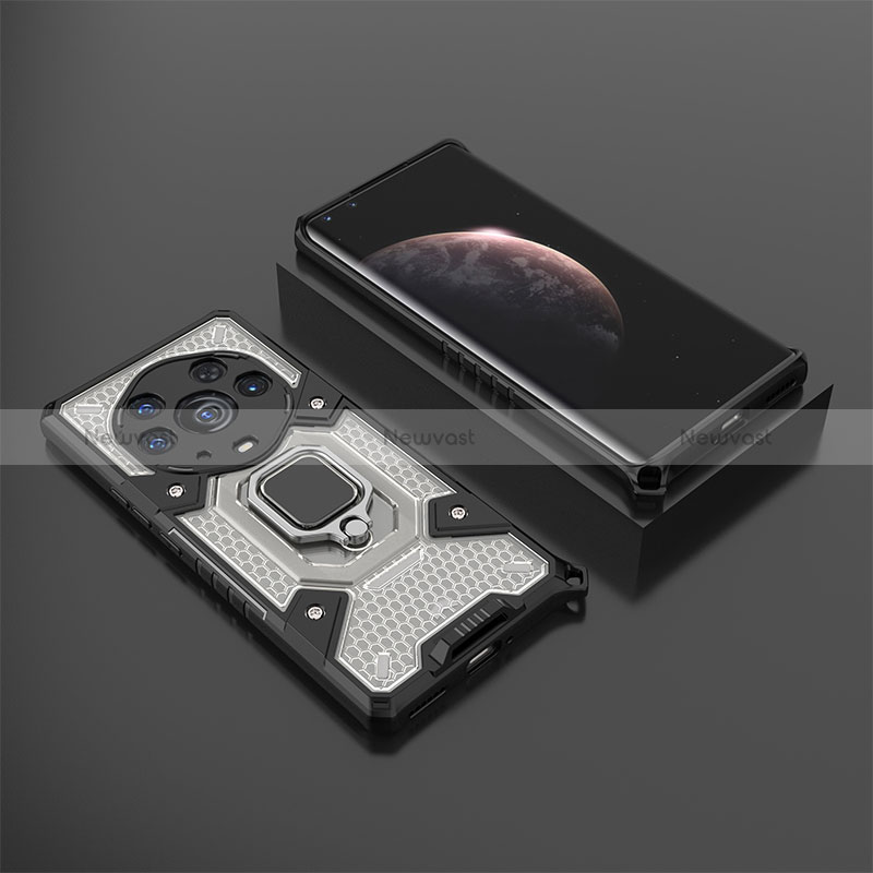 Silicone Matte Finish and Plastic Back Cover Case with Magnetic Finger Ring Stand KC5 for Huawei Honor Magic3 Pro+ Plus 5G Black