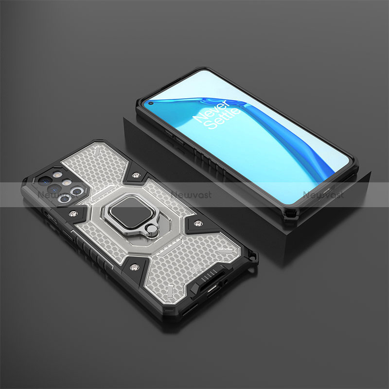 Silicone Matte Finish and Plastic Back Cover Case with Magnetic Finger Ring Stand KC5 for OnePlus 9R 5G