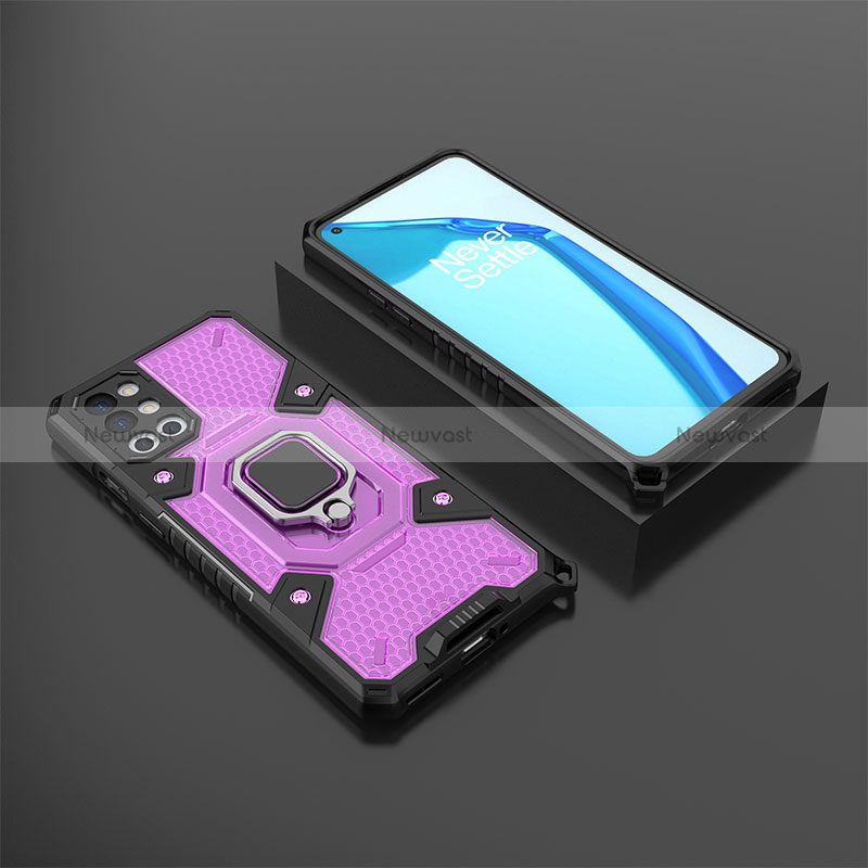 Silicone Matte Finish and Plastic Back Cover Case with Magnetic Finger Ring Stand KC5 for OnePlus 9R 5G