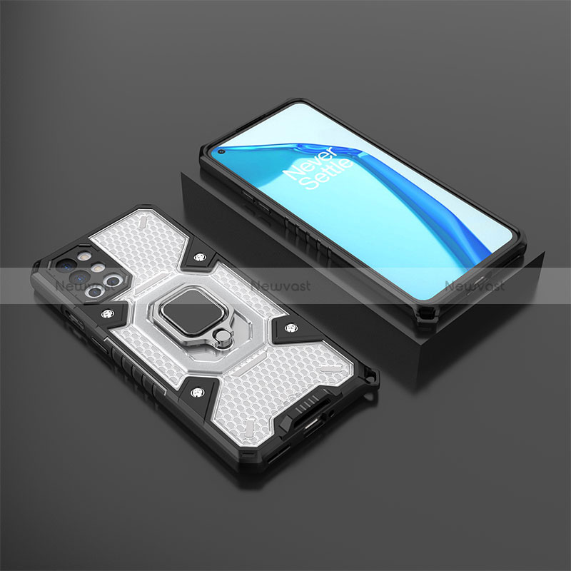 Silicone Matte Finish and Plastic Back Cover Case with Magnetic Finger Ring Stand KC5 for OnePlus 9R 5G