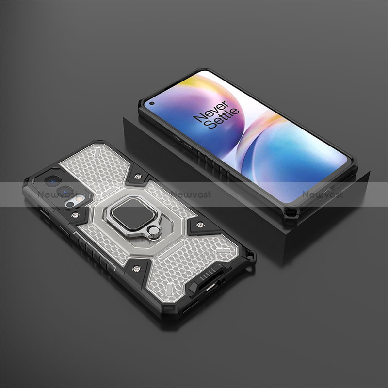 Silicone Matte Finish and Plastic Back Cover Case with Magnetic Finger Ring Stand KC5 for OnePlus Nord 2 5G