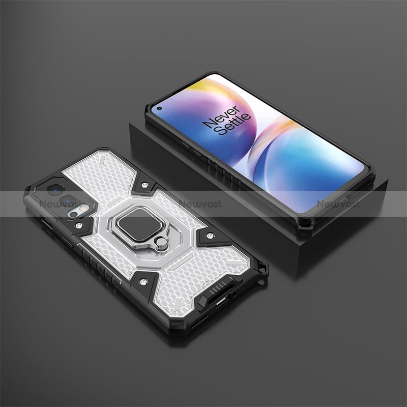 Silicone Matte Finish and Plastic Back Cover Case with Magnetic Finger Ring Stand KC5 for OnePlus Nord 2 5G