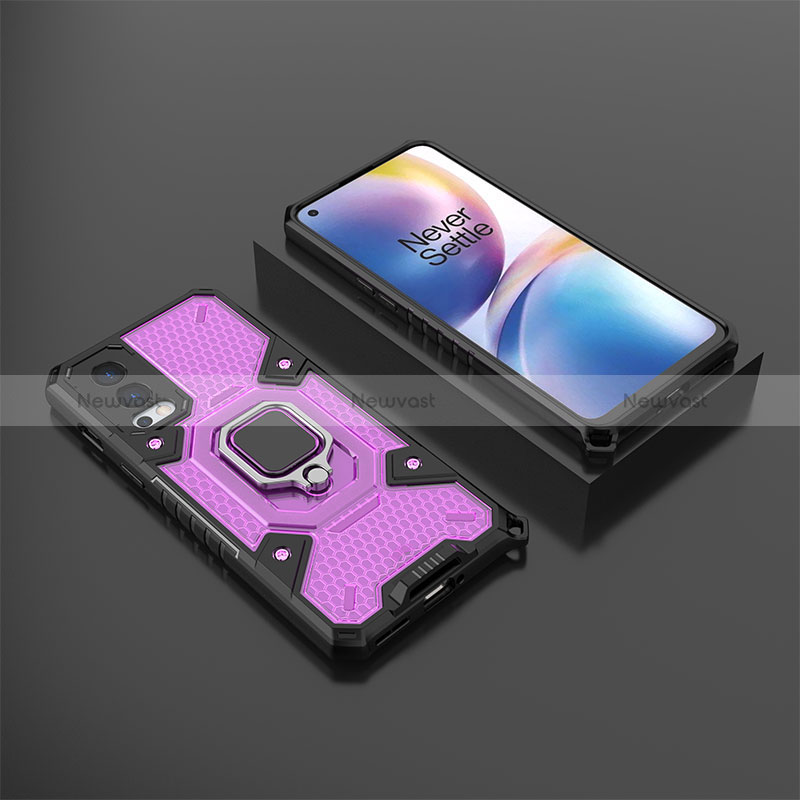 Silicone Matte Finish and Plastic Back Cover Case with Magnetic Finger Ring Stand KC5 for OnePlus Nord 2 5G