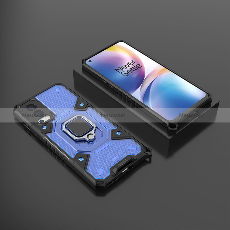 Silicone Matte Finish and Plastic Back Cover Case with Magnetic Finger Ring Stand KC5 for OnePlus Nord 2 5G Blue