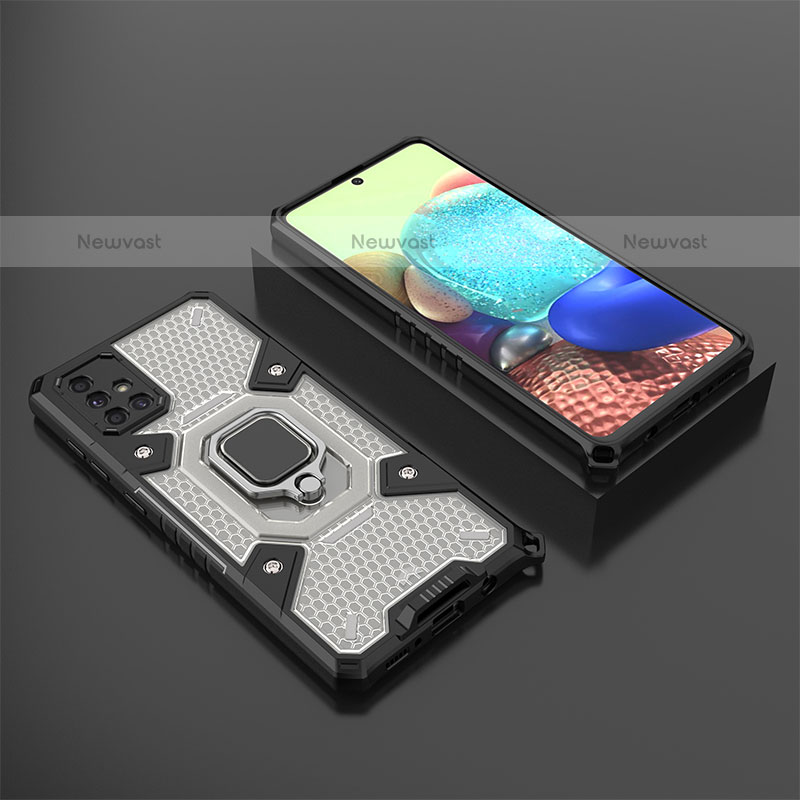 Silicone Matte Finish and Plastic Back Cover Case with Magnetic Finger Ring Stand KC5 for Samsung Galaxy A71 4G A715 Black